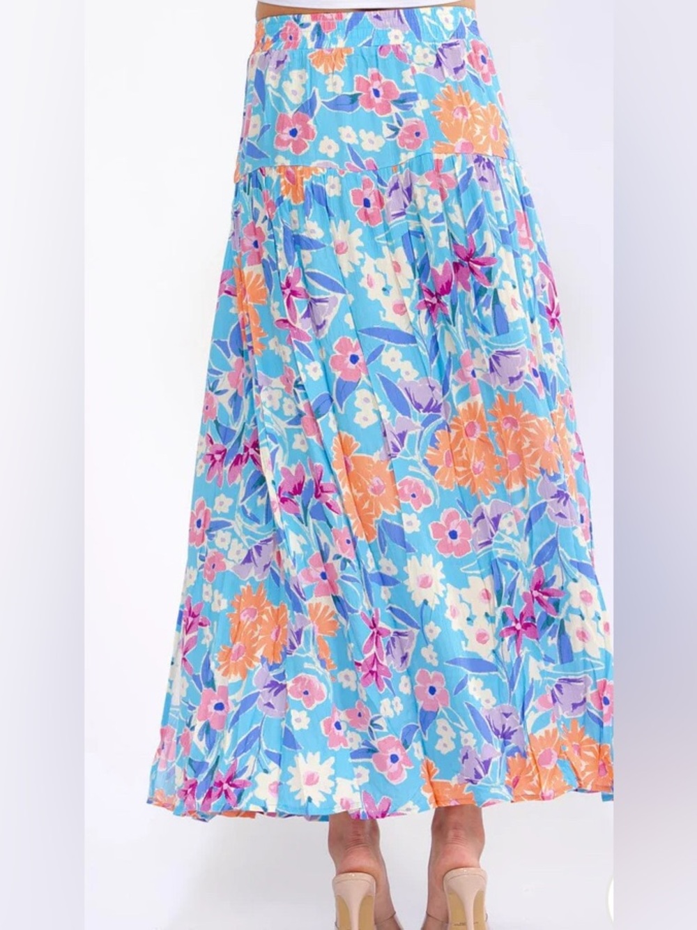 Promesa- Blue Floral Maxi Wrap Skirt with Orange & Pink Blooms various sizes - Picture 3 of 9